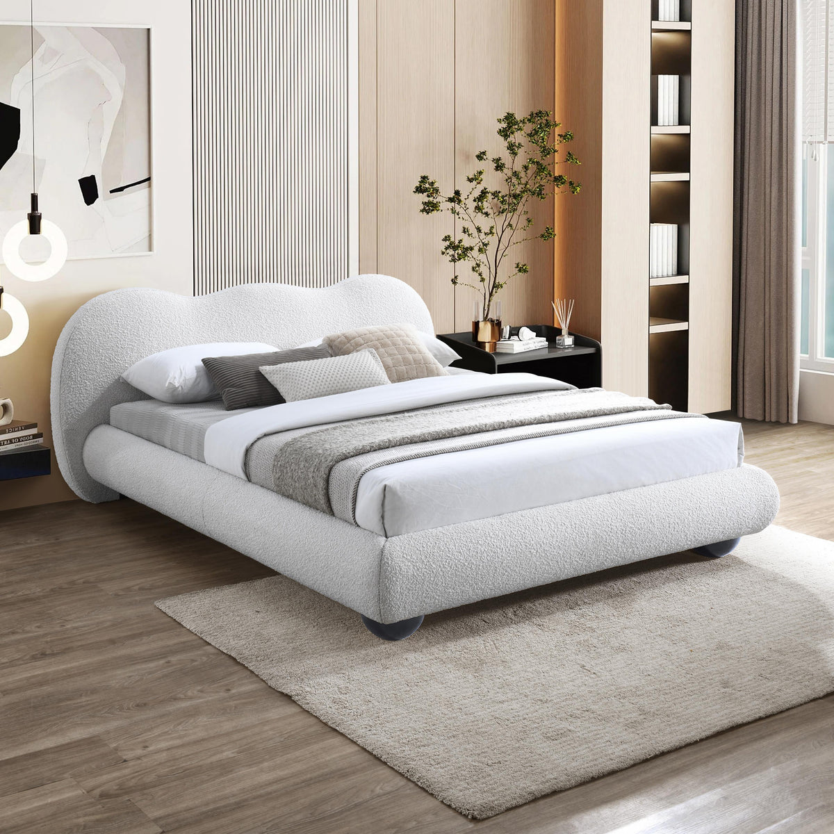 Meridian Hyde Cream Boucle Fabric Queen Bed (3 Boxes)