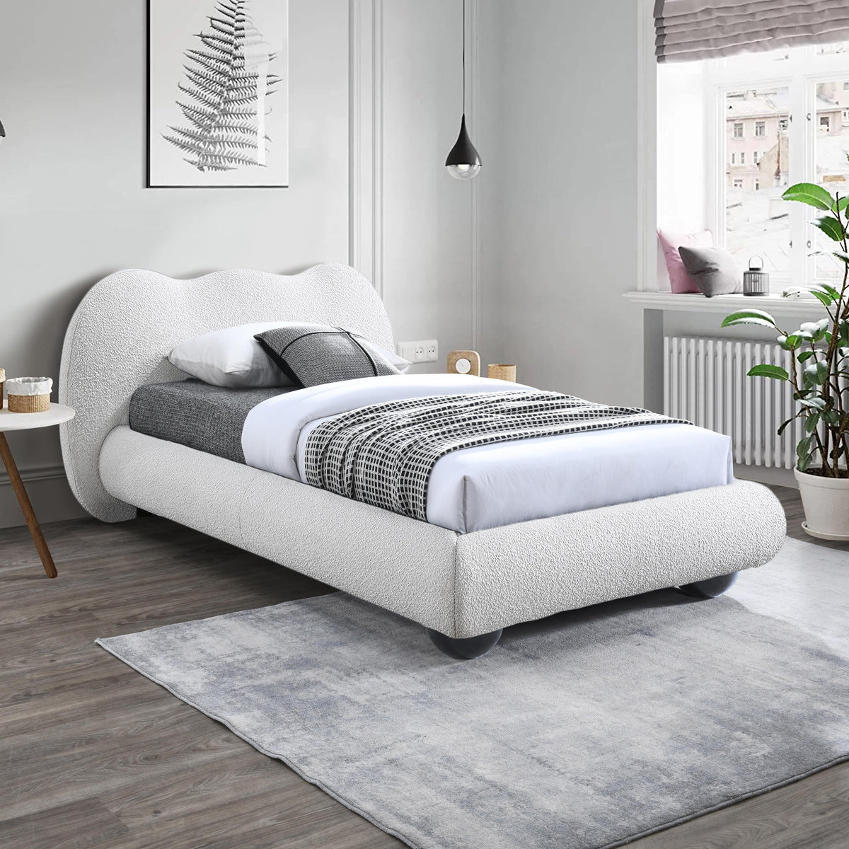 Meridian Hyde Cream Boucle Fabric Twin Bed (3 Boxes)