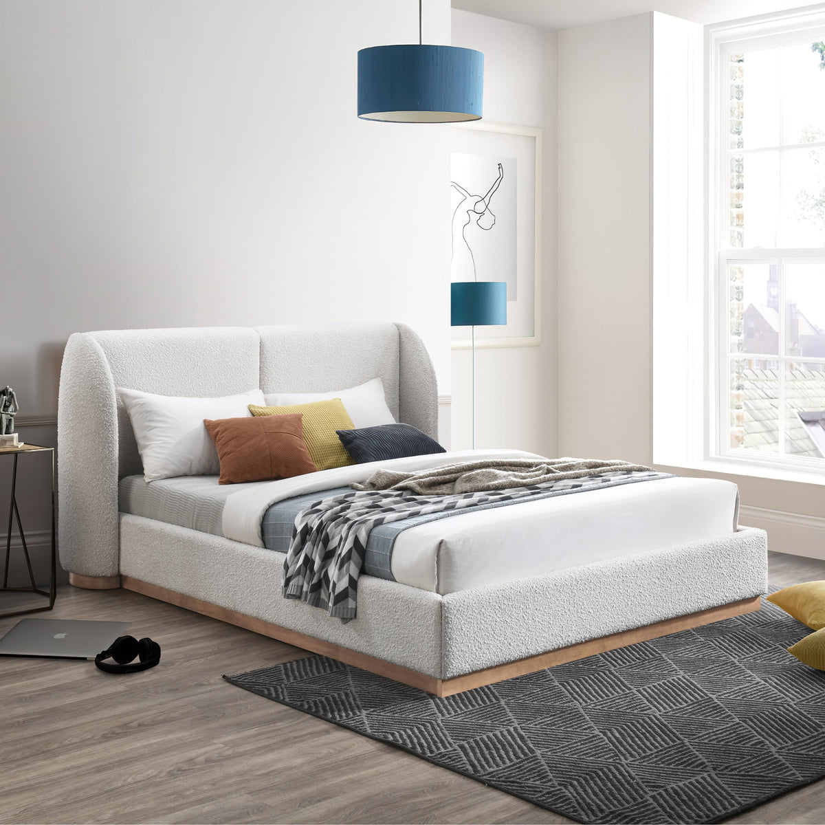Meridian Jardin Cream Boucle Fabric Queen Bed (3 Boxes)