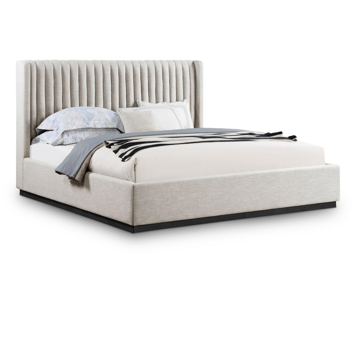 Meridian Logan Beige Linen Textured Fabric King Bed