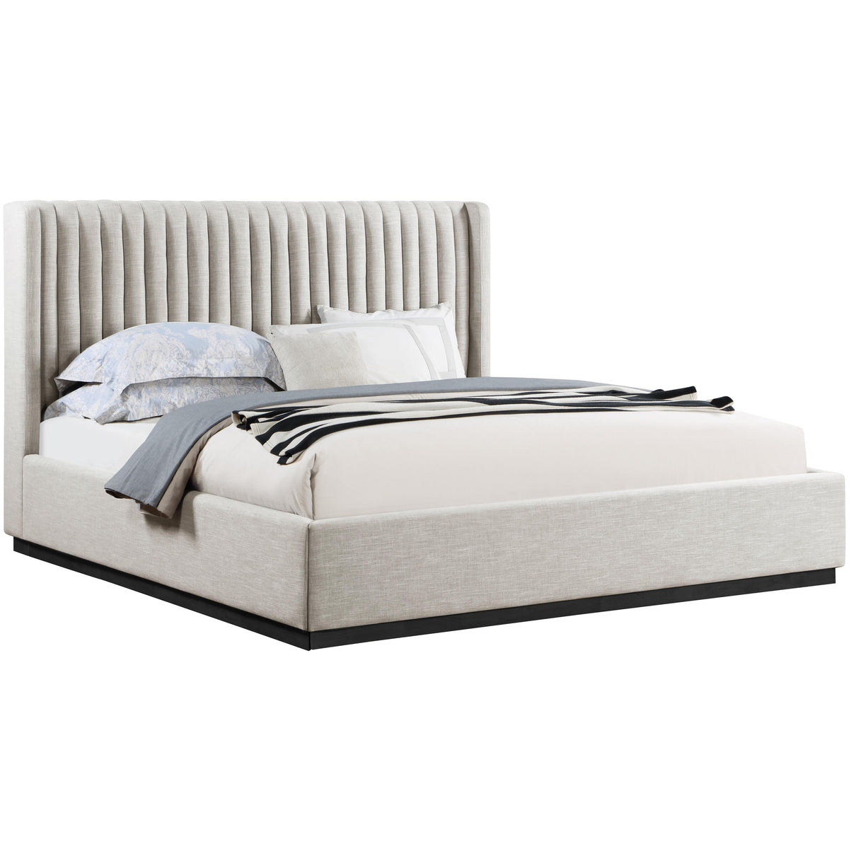 Meridian Logan Beige Linen Textured Fabric King Bed