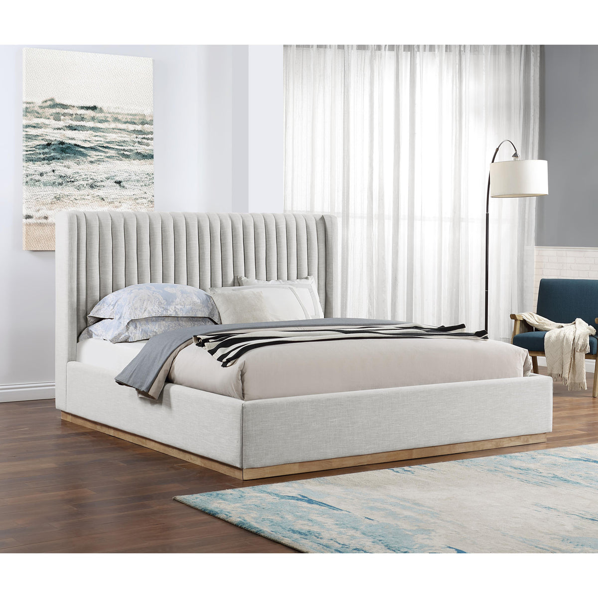 Meridian Logan Cream Linen Textured Fabric King Bed