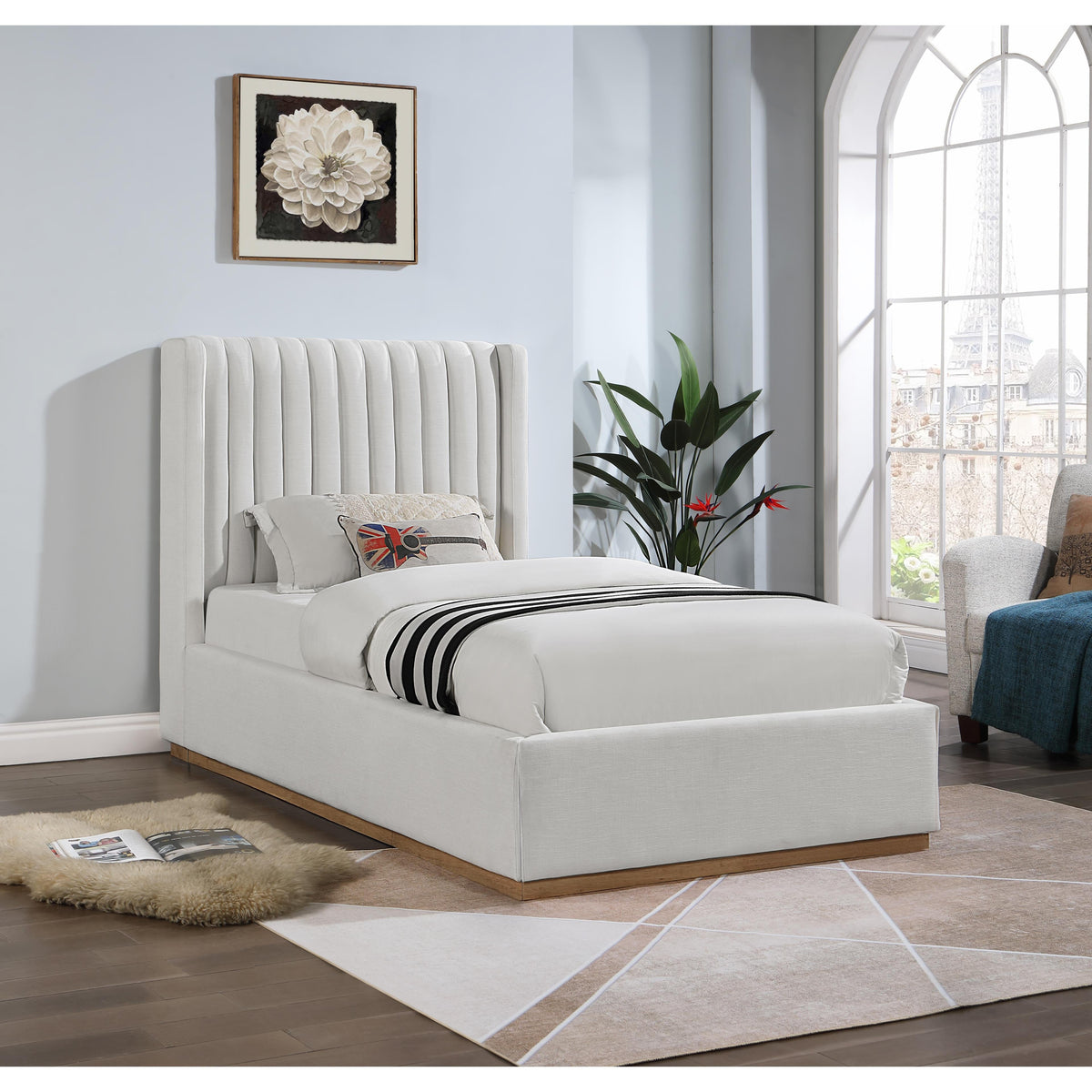 Meridian Logan Cream Linen Textured Fabric Twin Bed