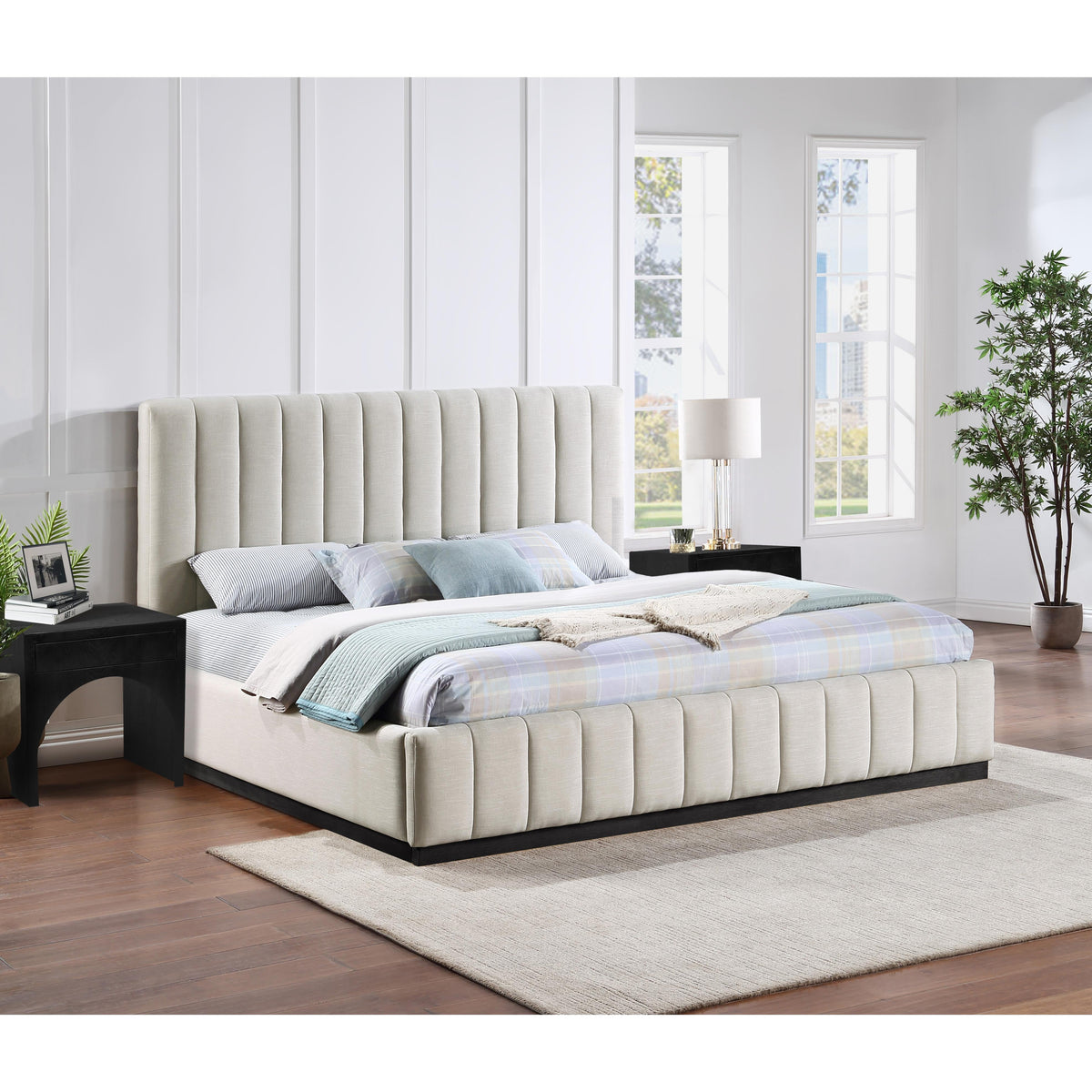 Meridian Lucia Beige Linen Textured Fabric King Bed