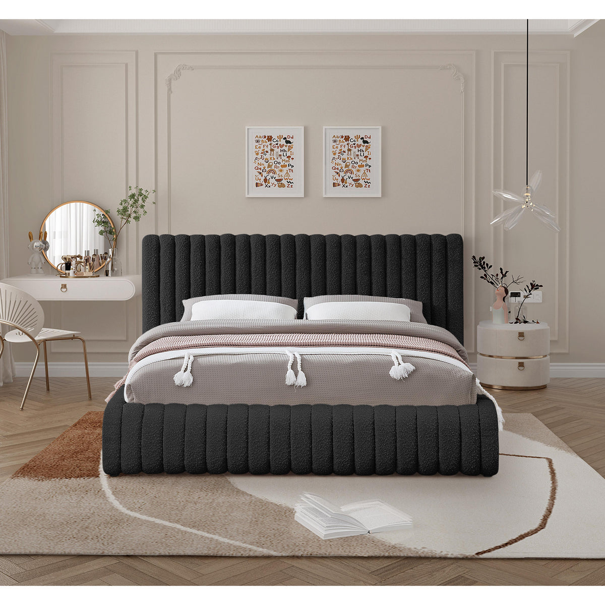 Meridian Nash Black Boucle Fabric Full Bed