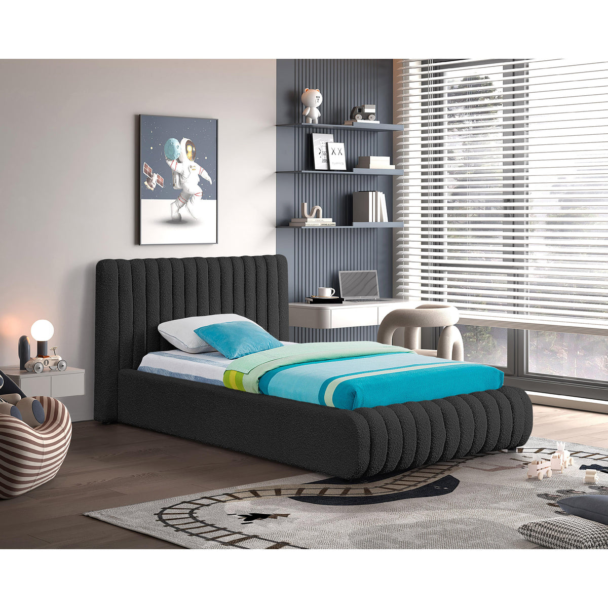 Meridian Nash Black Boucle Fabric Twin Bed