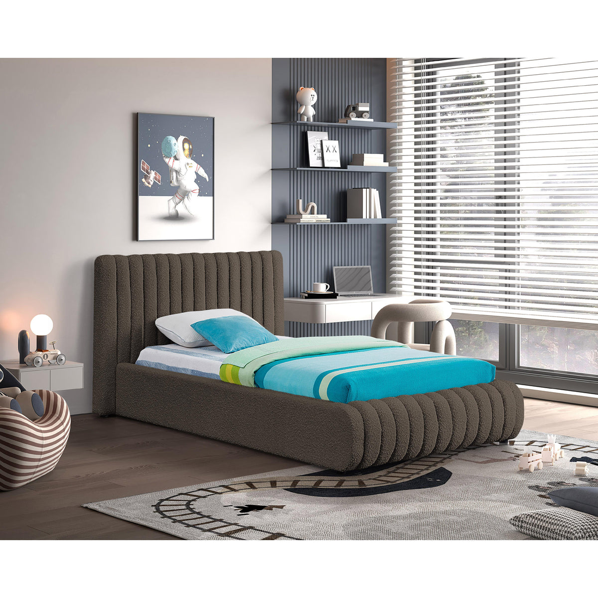 Meridian Nash Brown Boucle Fabric Twin Bed