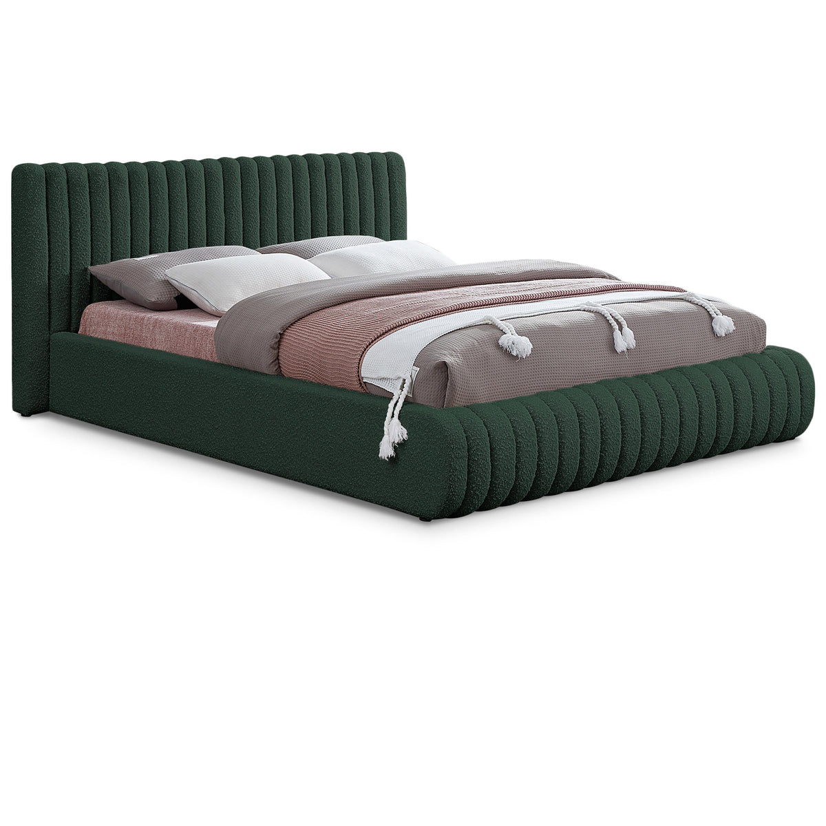 Meridian Nash Green Boucle Fabric Queen Bed