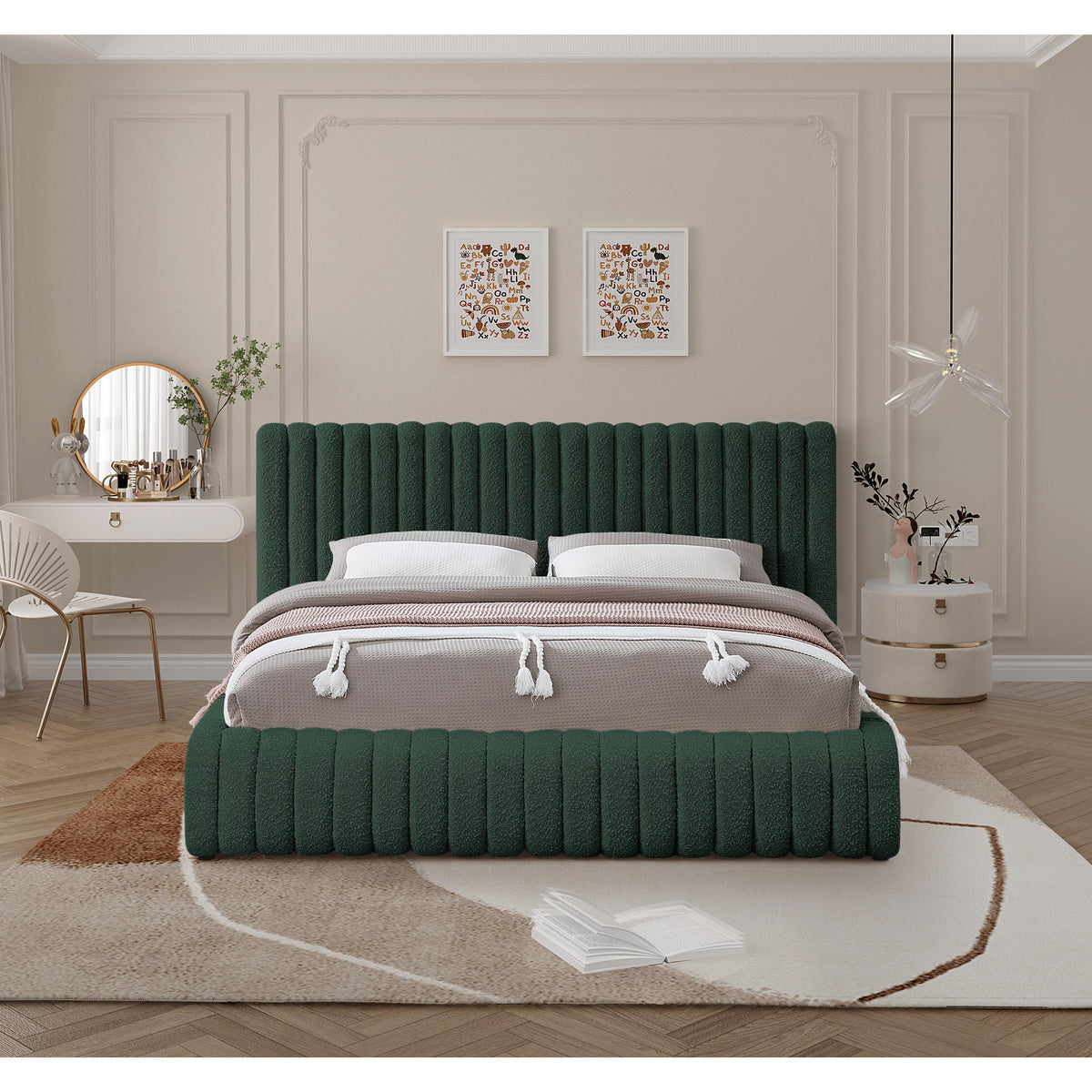 Meridian Nash Green Boucle Fabric Queen Bed