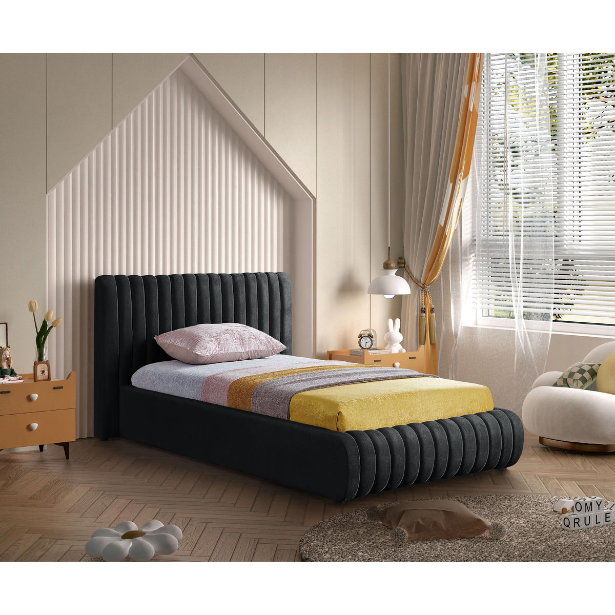 Meridian Nico Black Velvet Twin Bed
