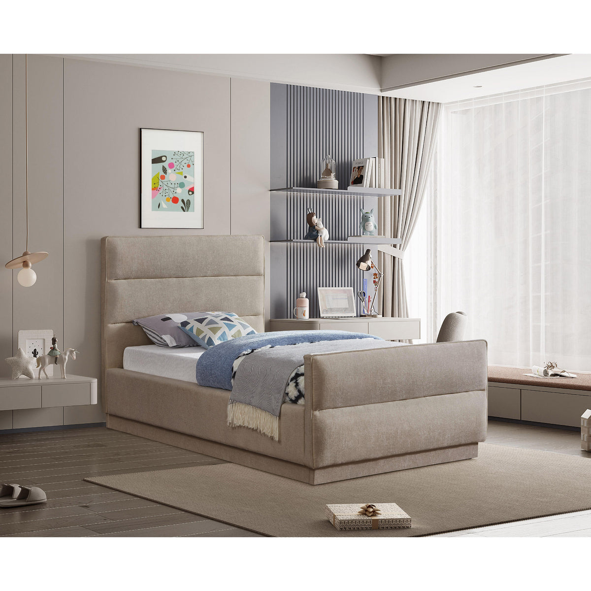 Meridian Paxton Beige Chenille Fabric Twin Bed (3 Boxes)