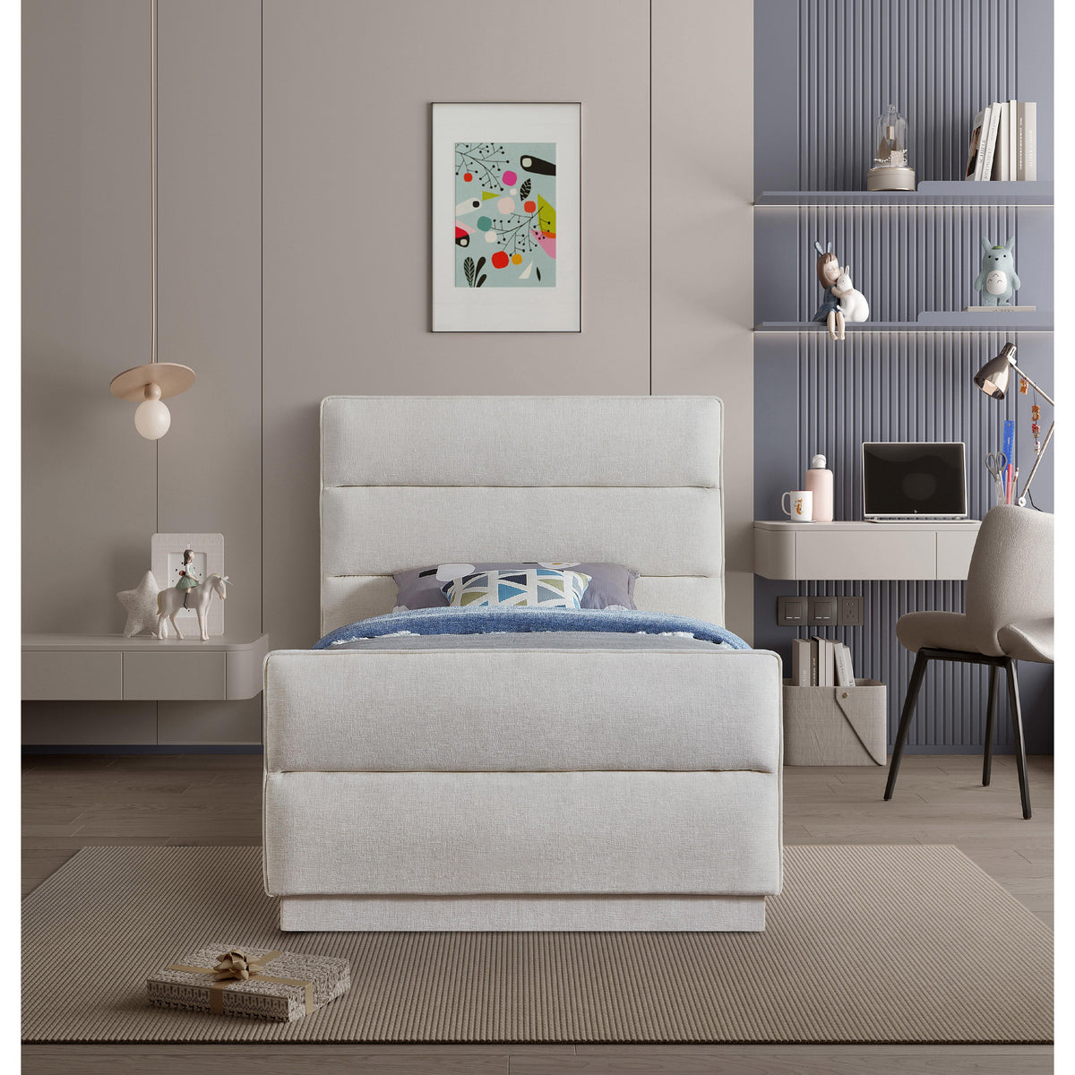 Meridian Paxton Cream Chenille Fabric Twin Bed (3 Boxes)