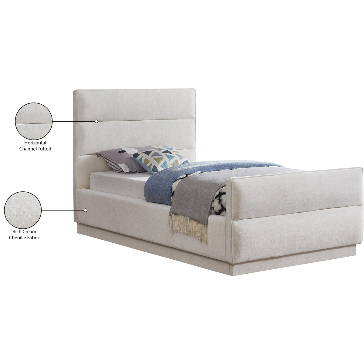 Meridian Paxton Cream Chenille Fabric Twin Bed (3 Boxes)