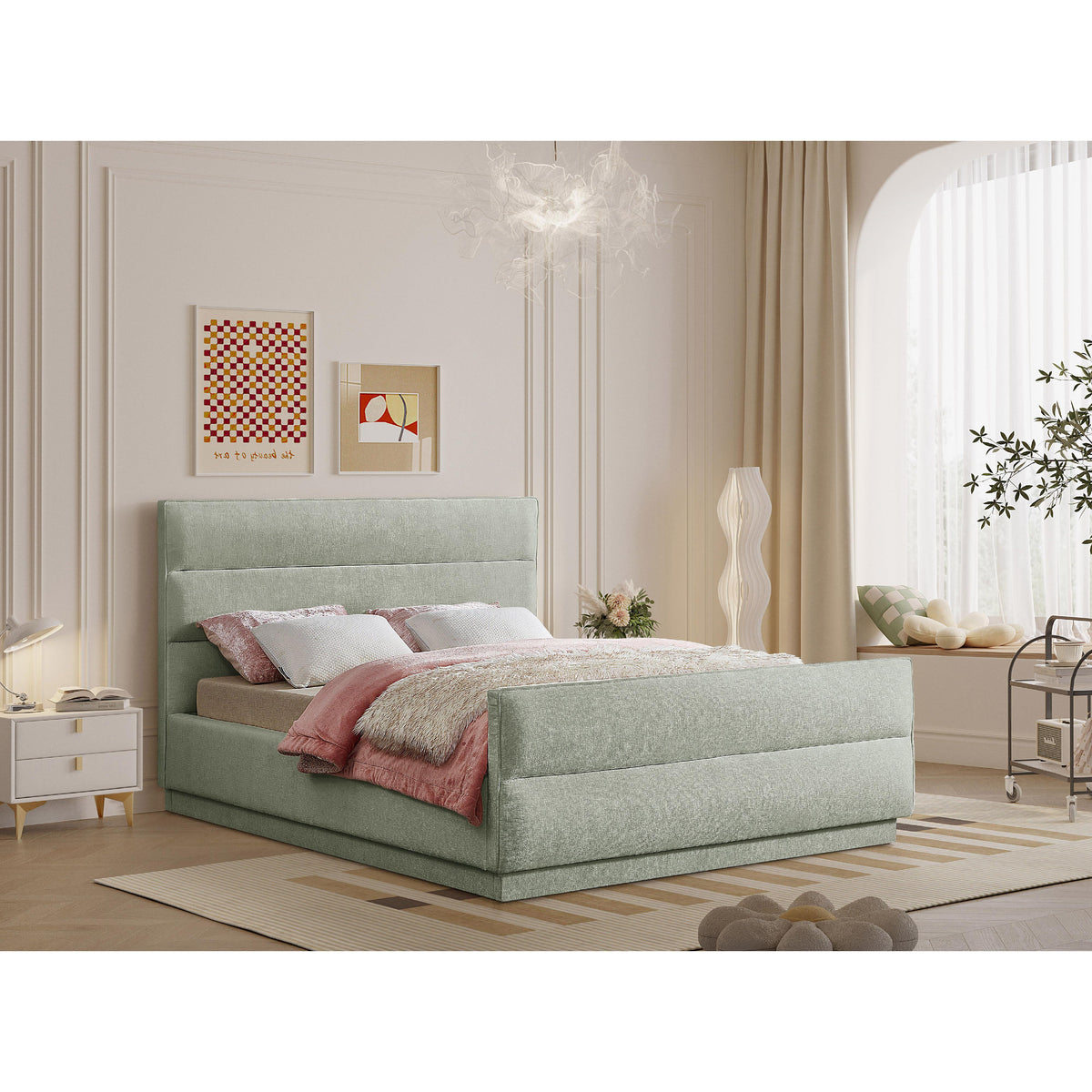 Meridian Paxton Mint Chenille Fabric Queen Bed (3 Boxes)