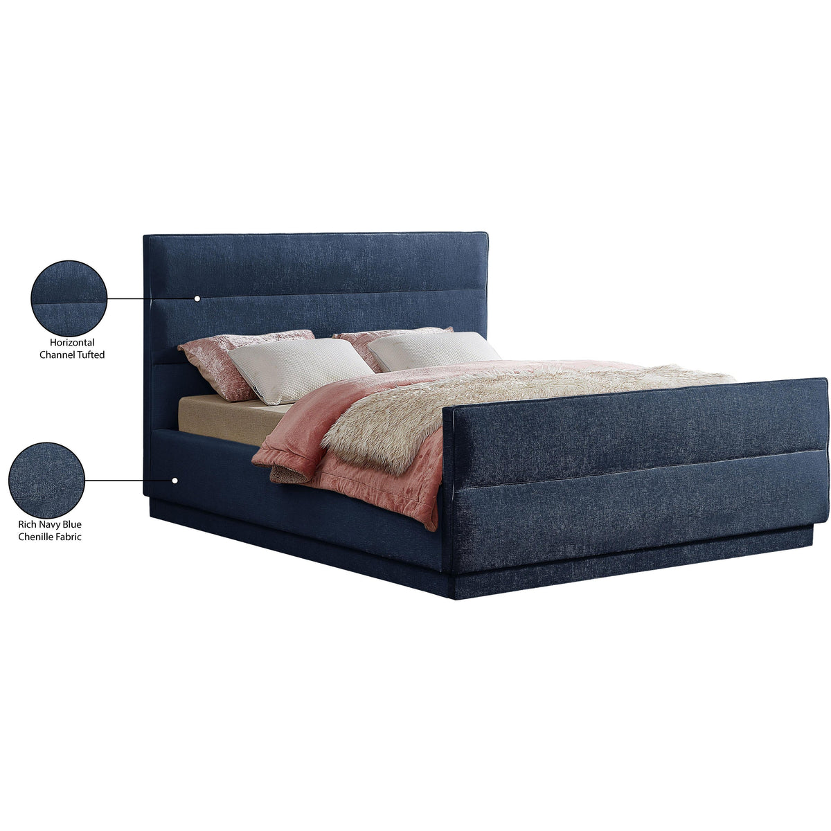 Meridian Paxton Navy Chenille Fabric King Bed (3 Boxes)
