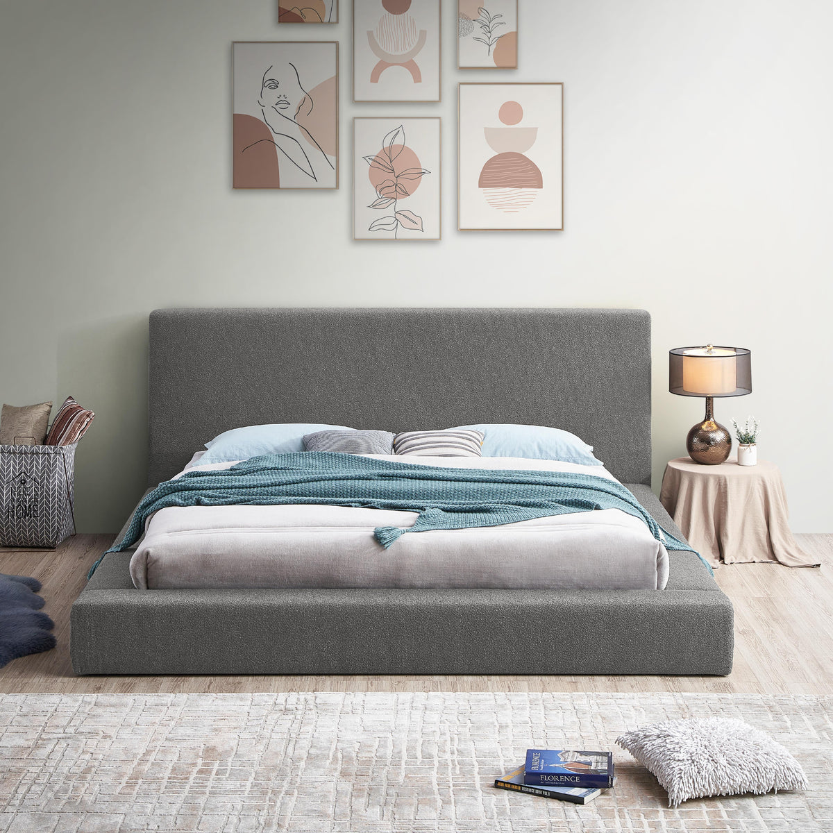 Meridian Terra Grey Boucle Fabric King Bed