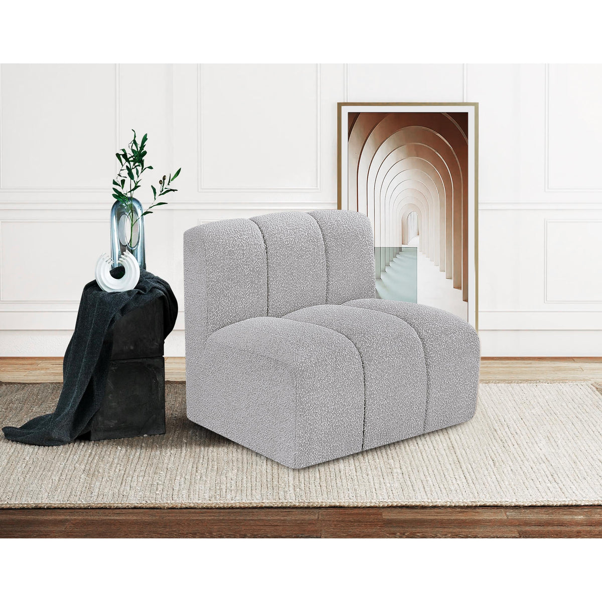 Meridian Arc Grey Boucle Fabric Straight Chair