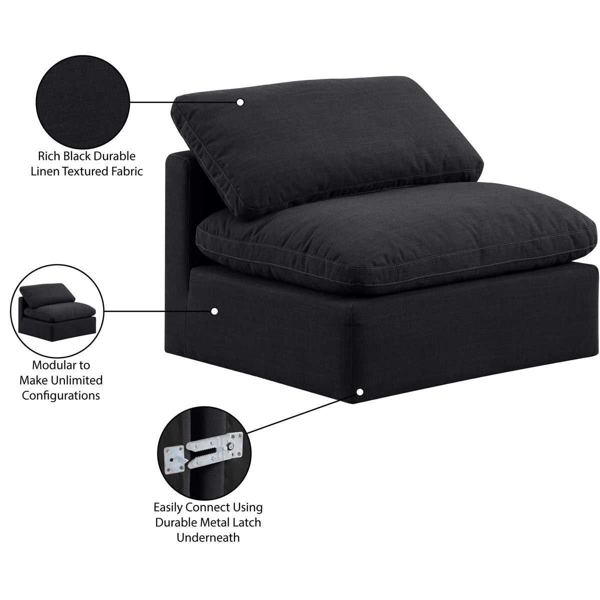 Meridian Indulge Black Linen Textured Fabric Armless Chair