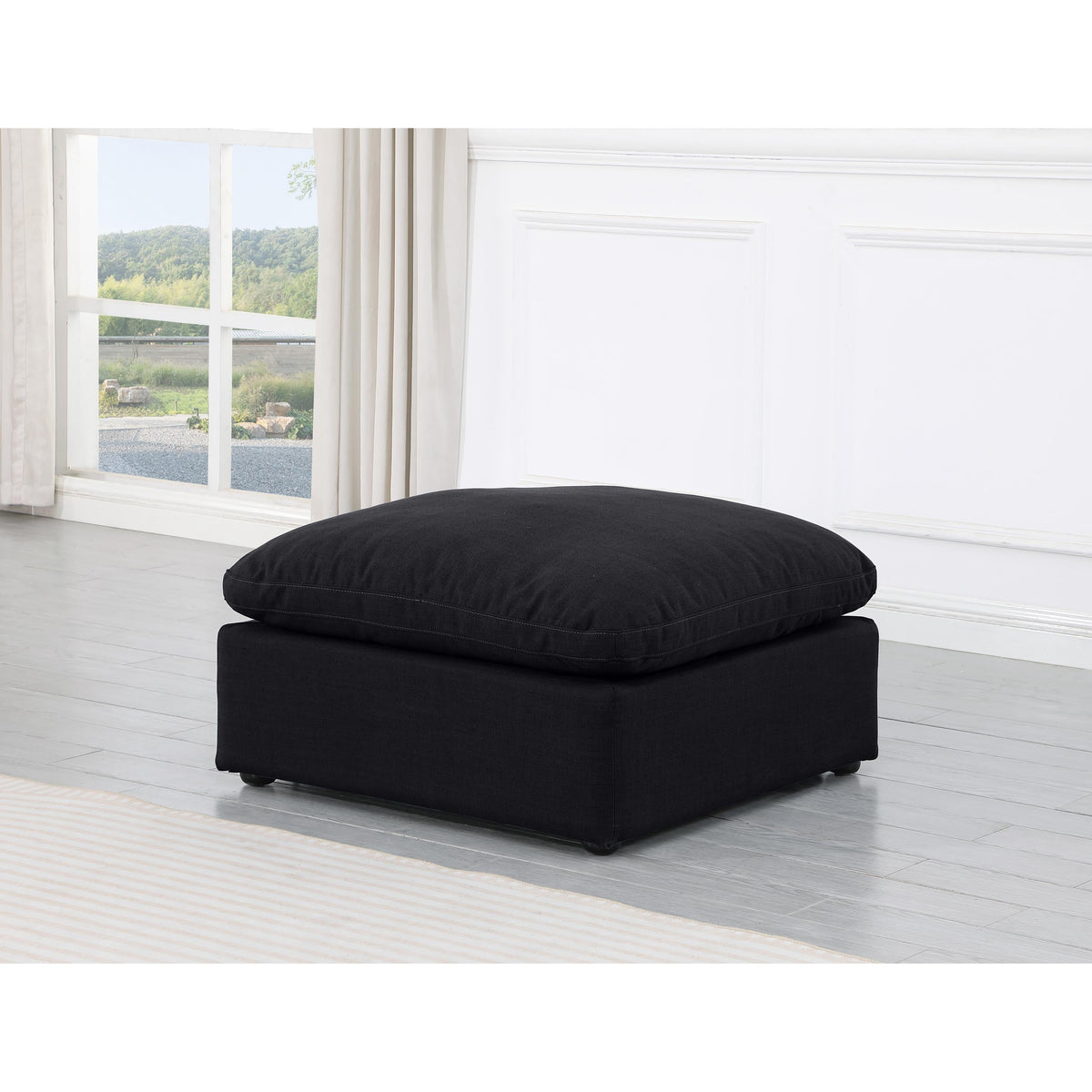 Meridian Indulge Black Linen Textured Fabric Ottoman
