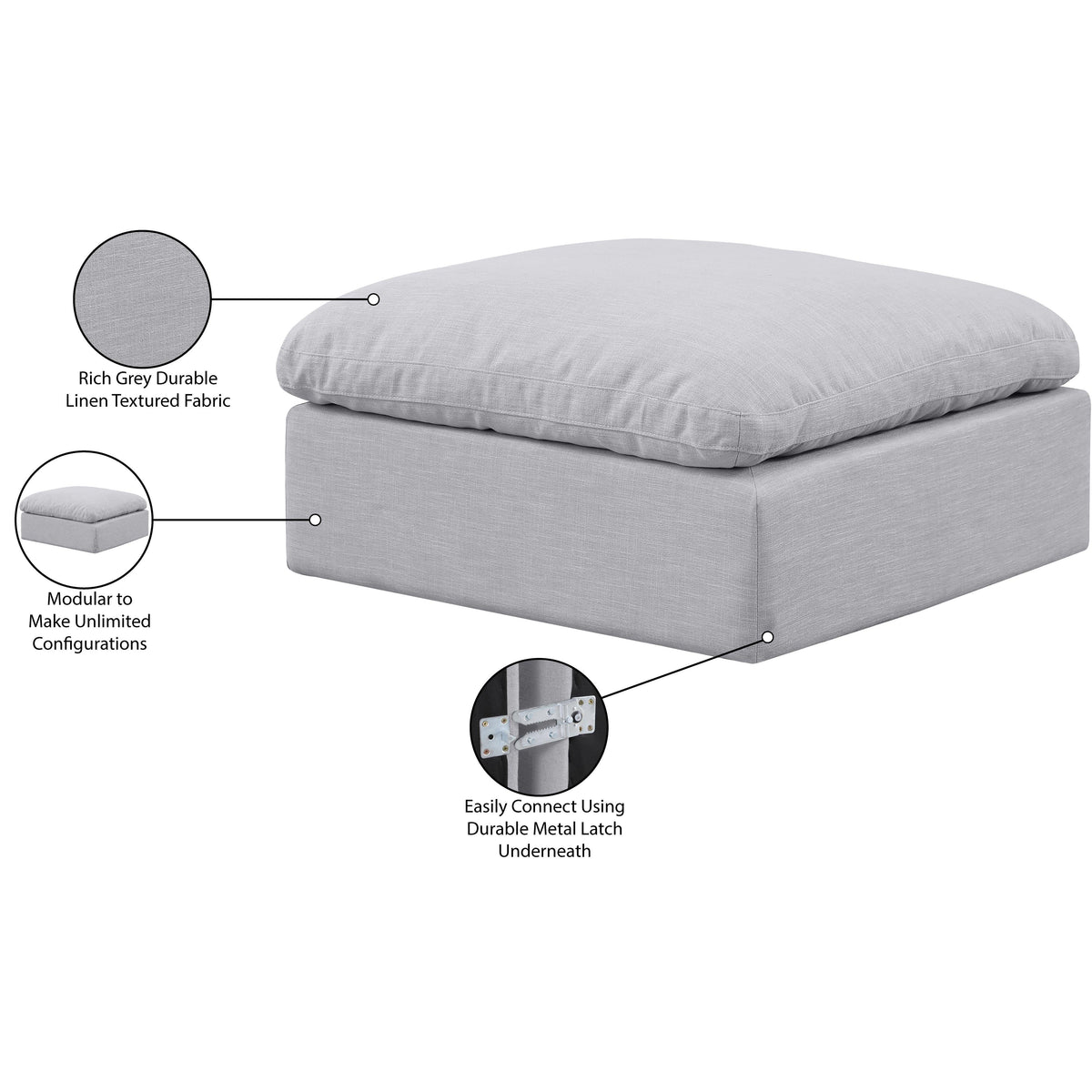 Meridian Indulge Grey Linen Textured Fabric Ottoman