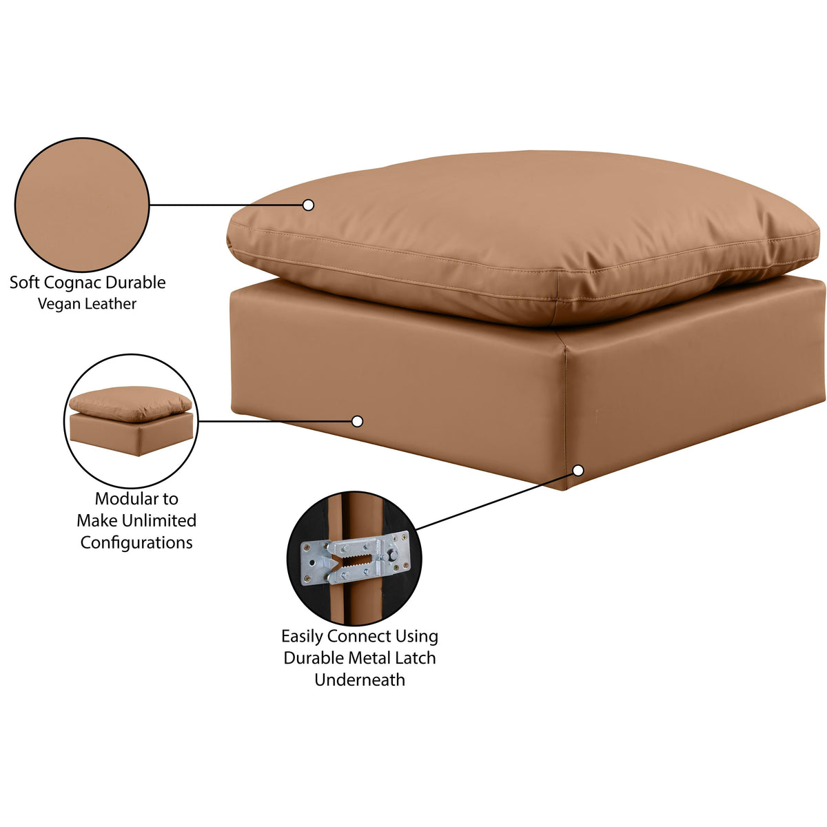 Meridian Indulge Cognac Vegan Leather Ottoman