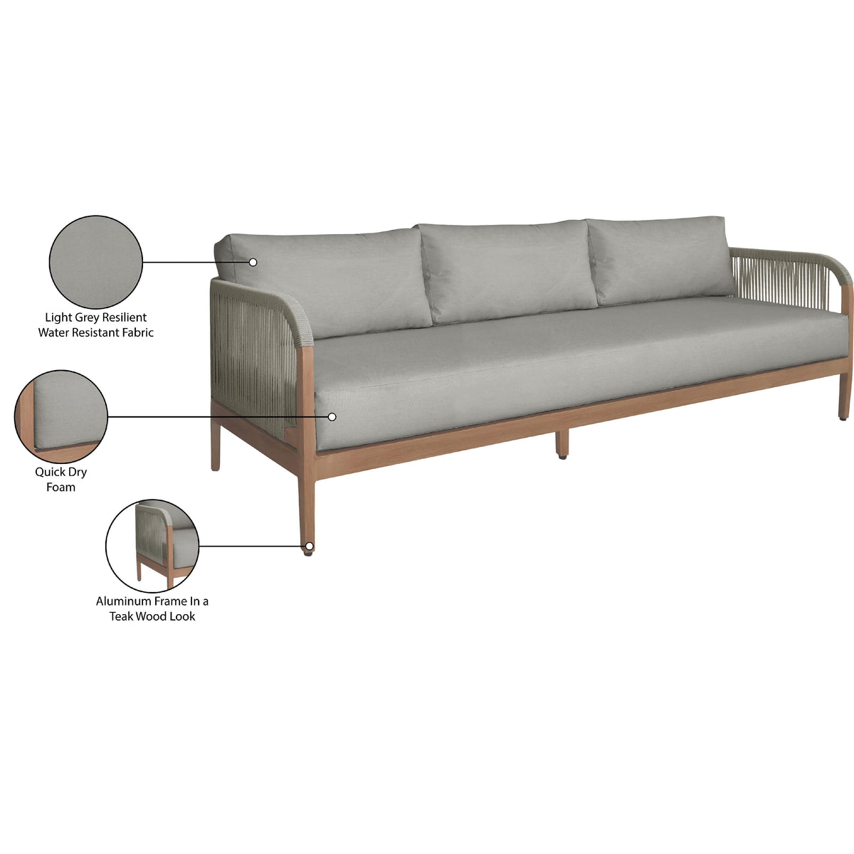 Meridian Maui Grey Water Resistant Fabric Outdoor Patio Sofa