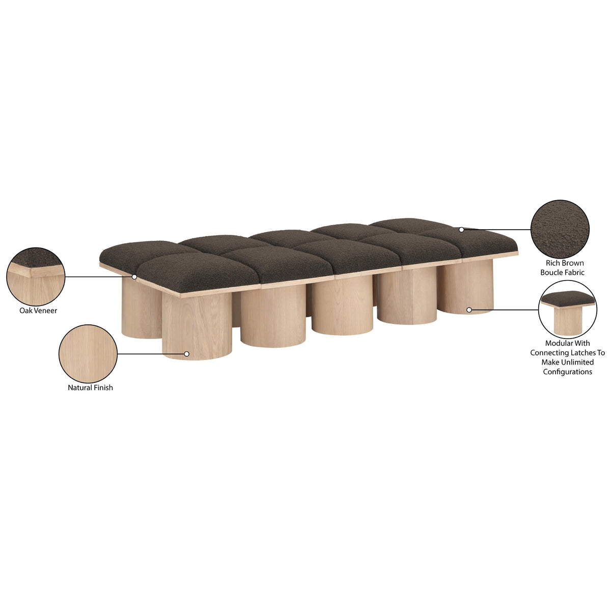 Meridian Pavilion Brown Boucle Fabric Bench