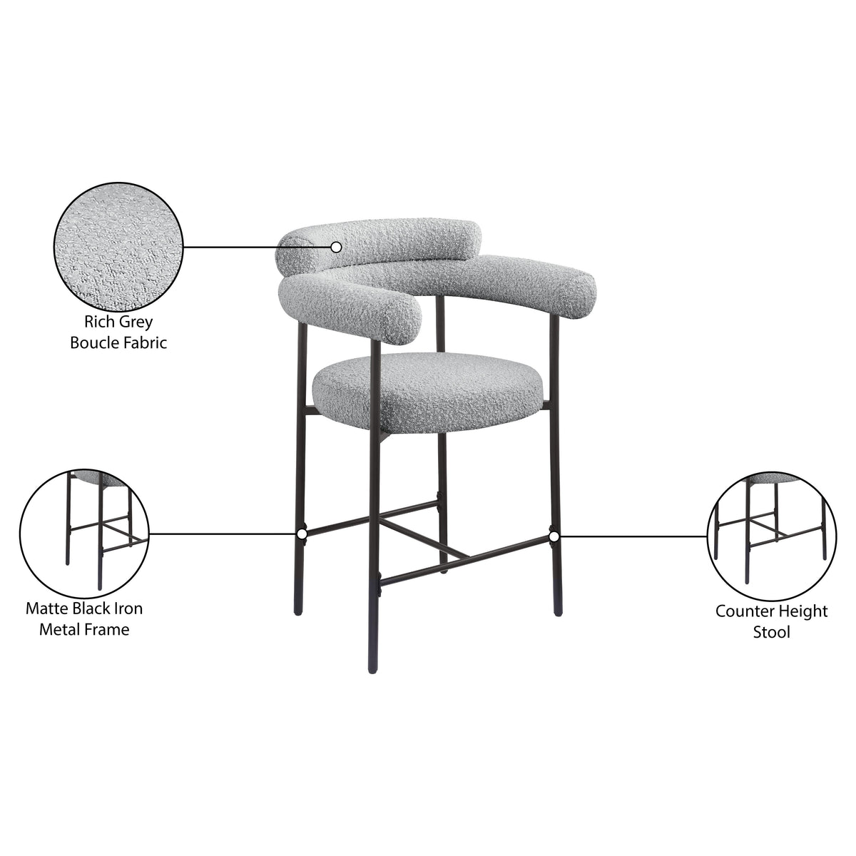 Meridian Blake Grey Boucle Fabric Counter Stool