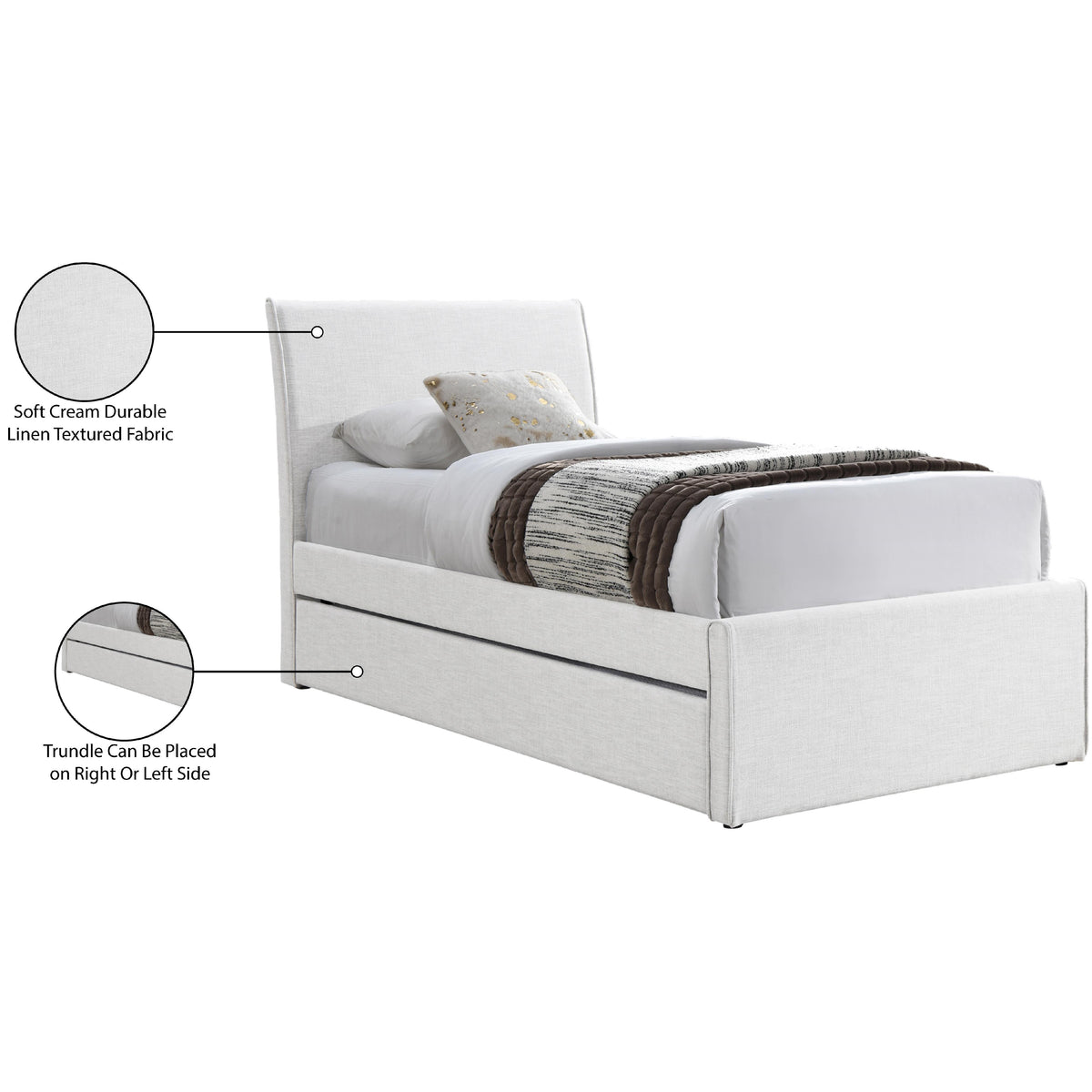Meridian Myles Cream Linen Textured Fabric Twin Trundle Bed
