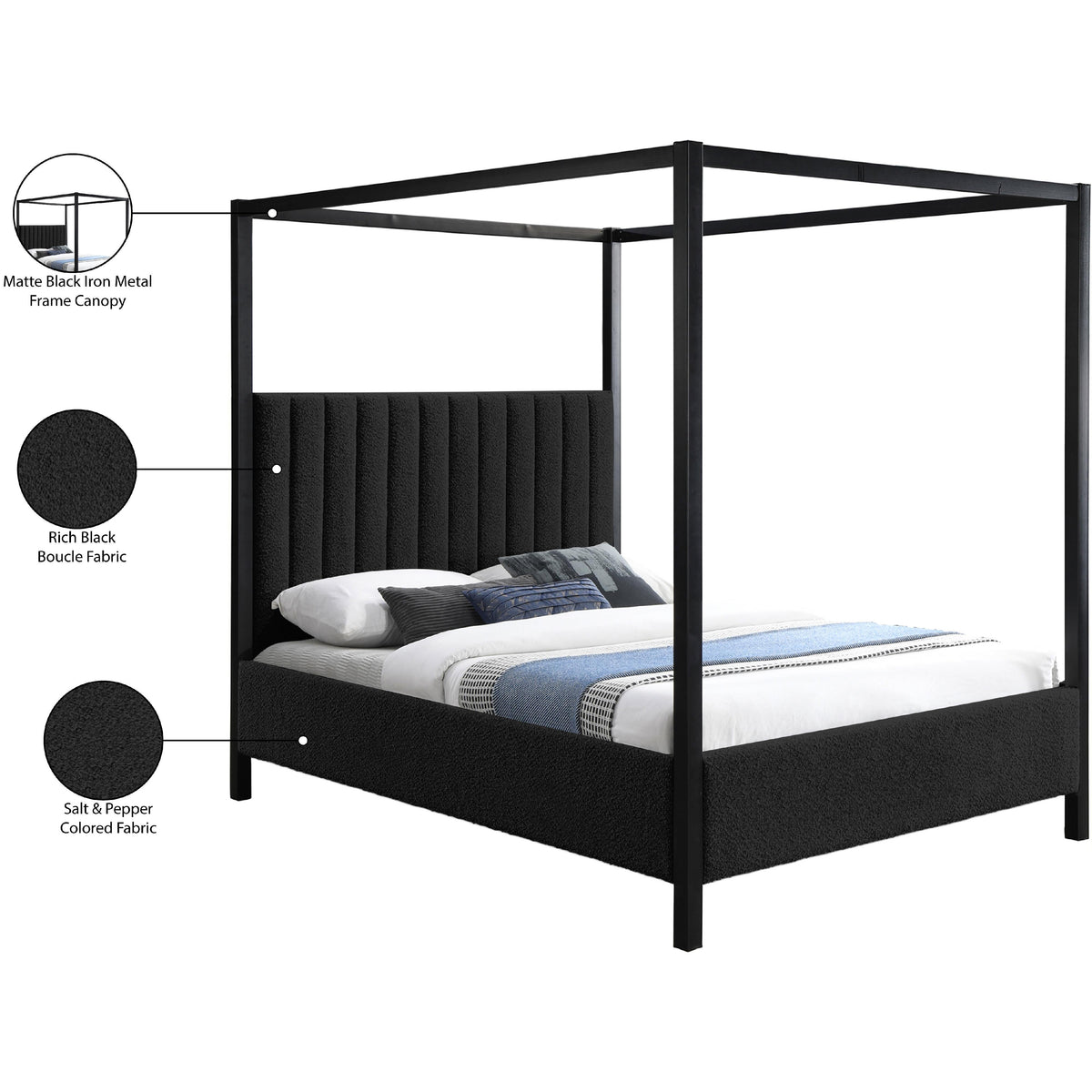 Meridian Kelly Black Boucle Fabric Queen Bed (3 Boxes)