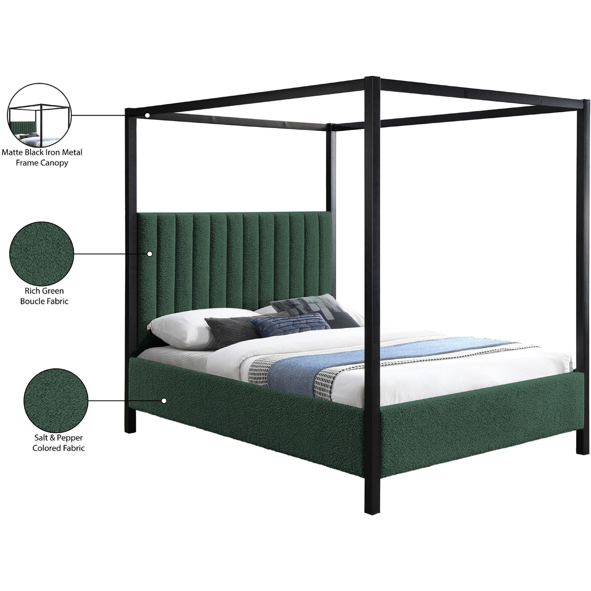 Meridian Kelly Green Boucle Fabric King Bed (3 Boxes)