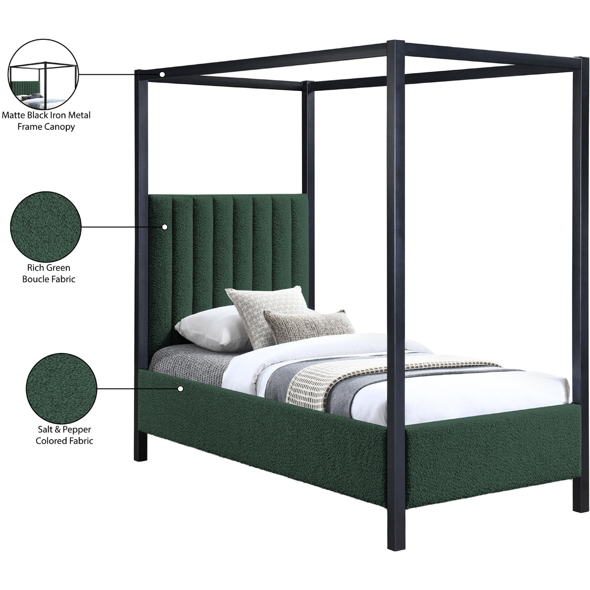 Meridian Kelly Green Boucle Fabric Twin Bed (3 Boxes)