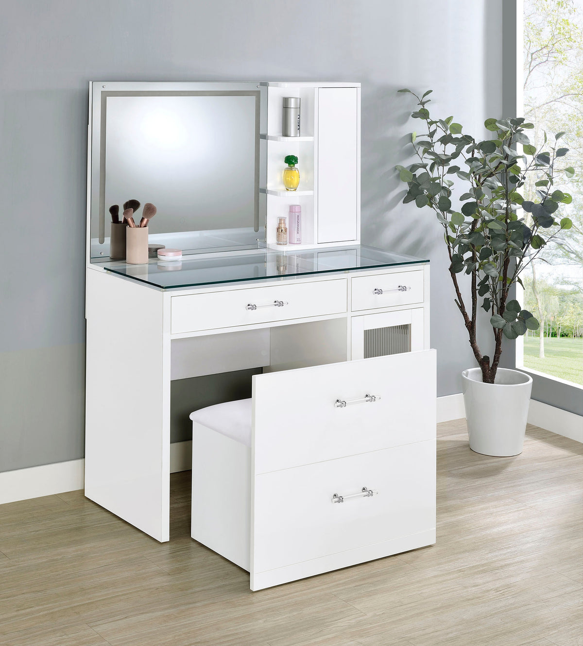 Flora 2-drawer Vanity Set with LED Mirror Black High Gloss