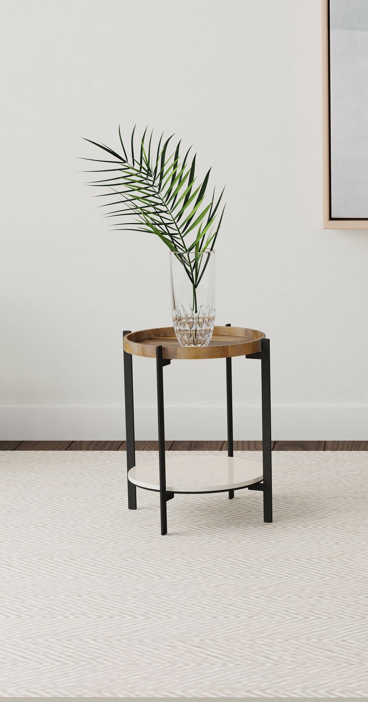 Adhvik Round End Side Table Marble Shelf Natural and Black