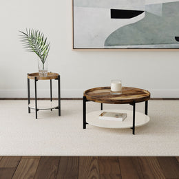 Adhvik Round End Side Table Marble Shelf Natural and Black