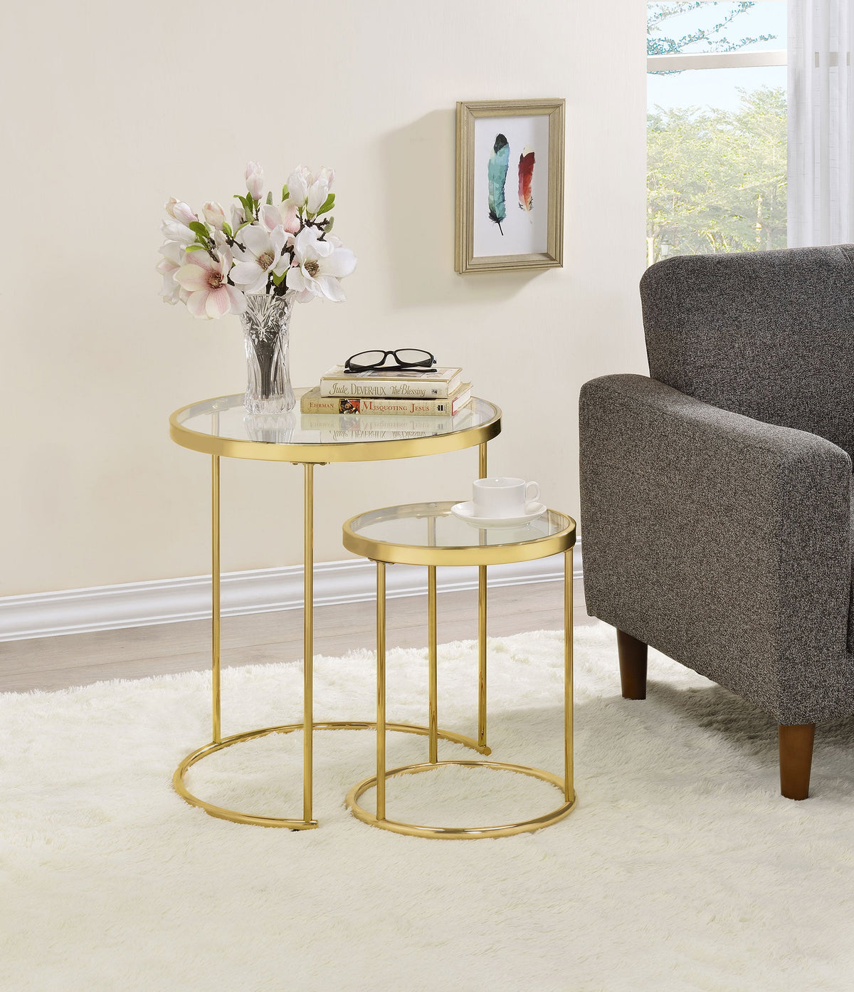 Maylin  Round Glass Top Nesting Table Set Gold