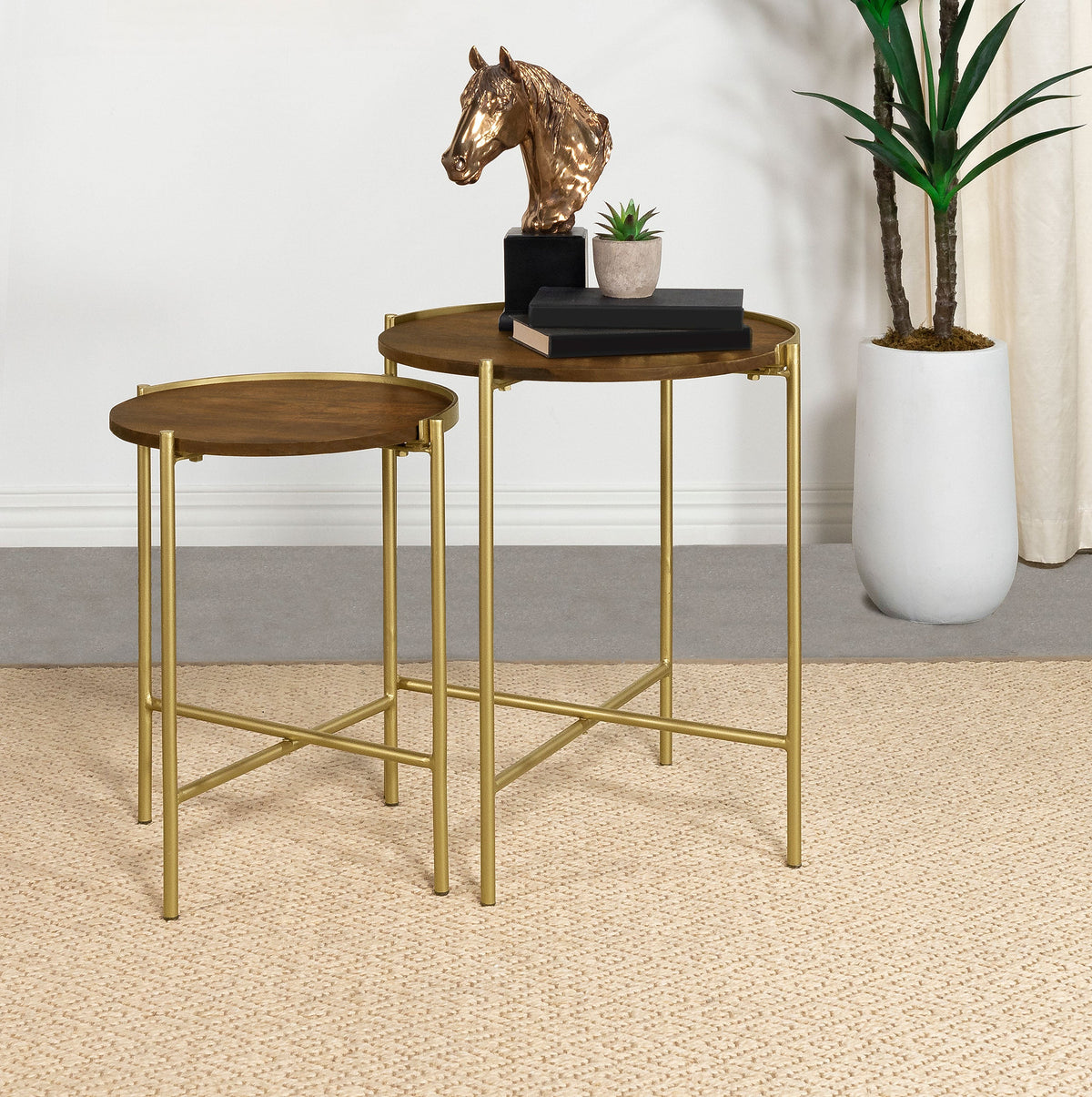 Malka  Round Wood Nesting Table Dark Brown and Gold