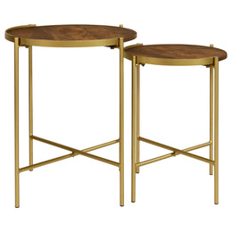 Malka  Round Wood Nesting Table Dark Brown and Gold