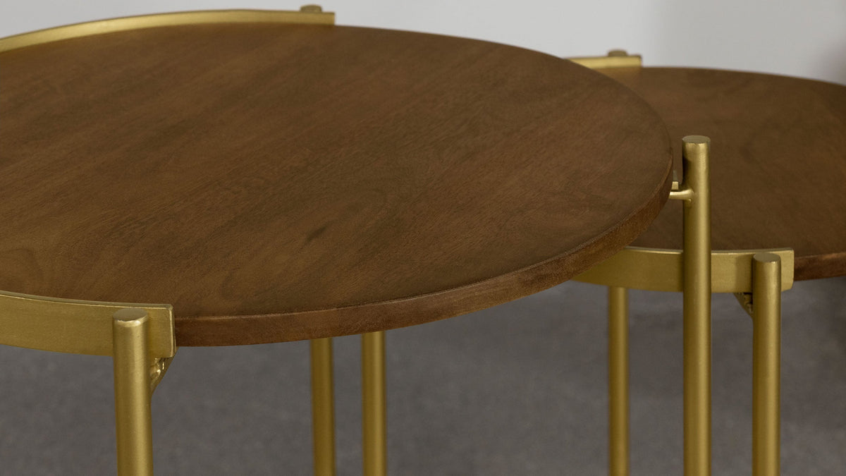 Malka  Round Wood Nesting Table Dark Brown and Gold