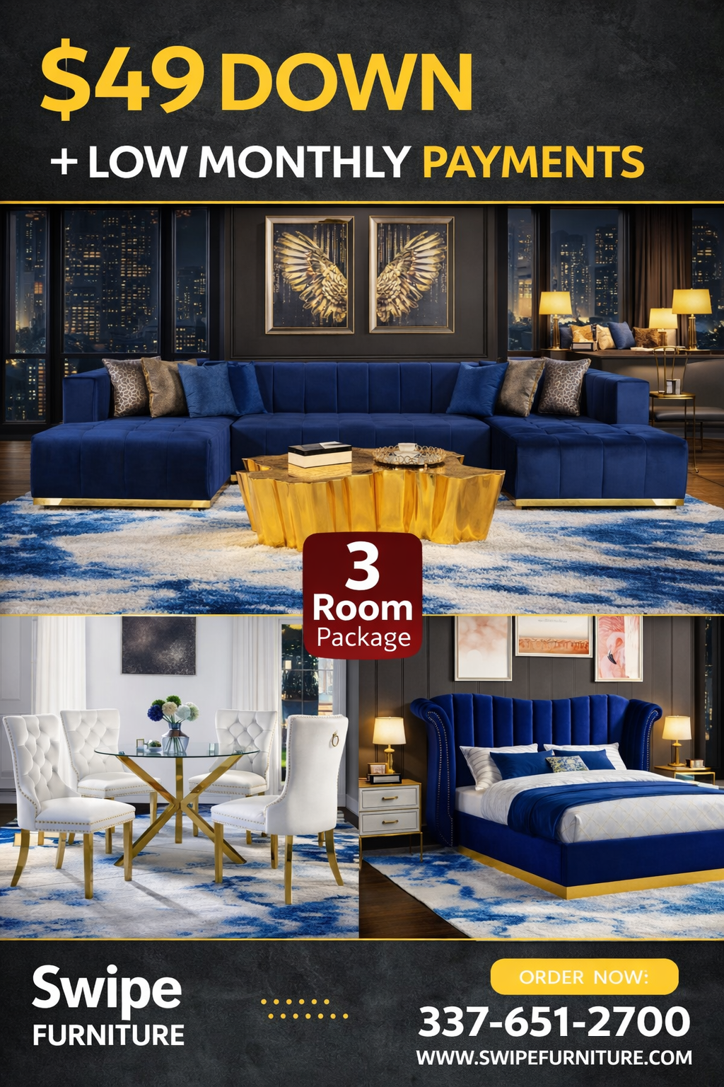 Elisha Blue 3 Room Package Mattress and 55” Smart Tv Included
