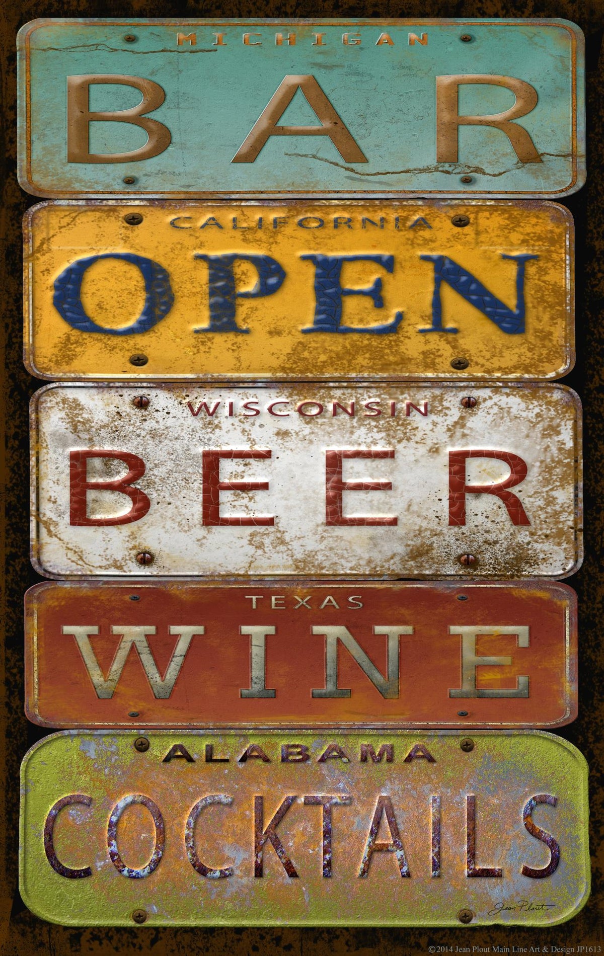 License Plate Bar Open By Jean Plout (Framed) Giclee Canvas