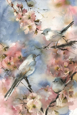 Blue Bird In Cherry Blossoms By Sophia Rodinov (Framed) Giclee Canvas