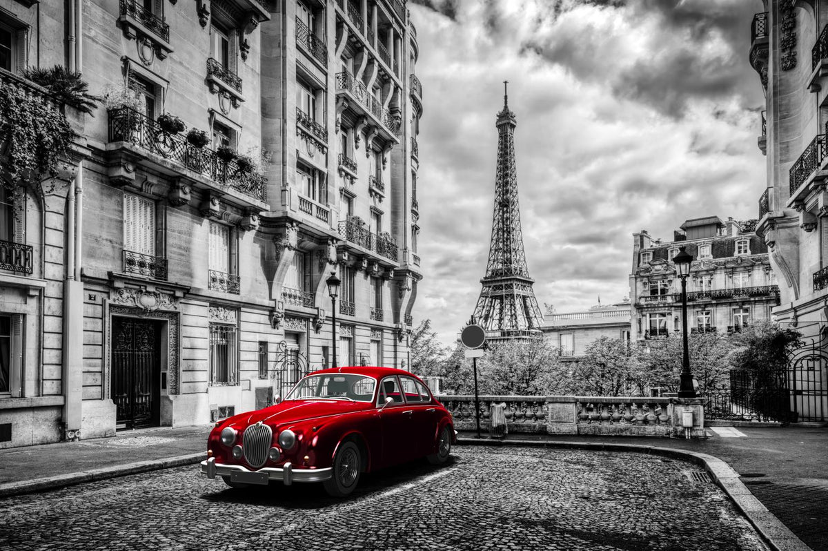 Red Car In Paris (Small)(Framed) Giclee Canvas