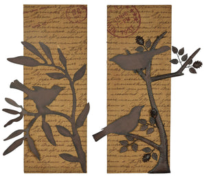 Metal Birds On Printed Burlap Mixed Media
