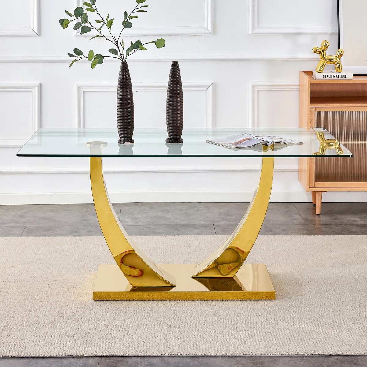 Modern 63" Rectangular Tempered Glass Dining Set with Pedestal Base and Tufted Velvet Chairs (Black)