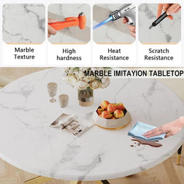 Round Dining Table Set, White Marble Dining Table & Velvet Dining Chairs with Stainless Steel Pedestal, 45" Dining Room Table and Chairs Set, Luxury Dining Table Set (Green/Gold)