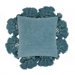Stone Washed Denim Blue Cotton Tasseled Pillow