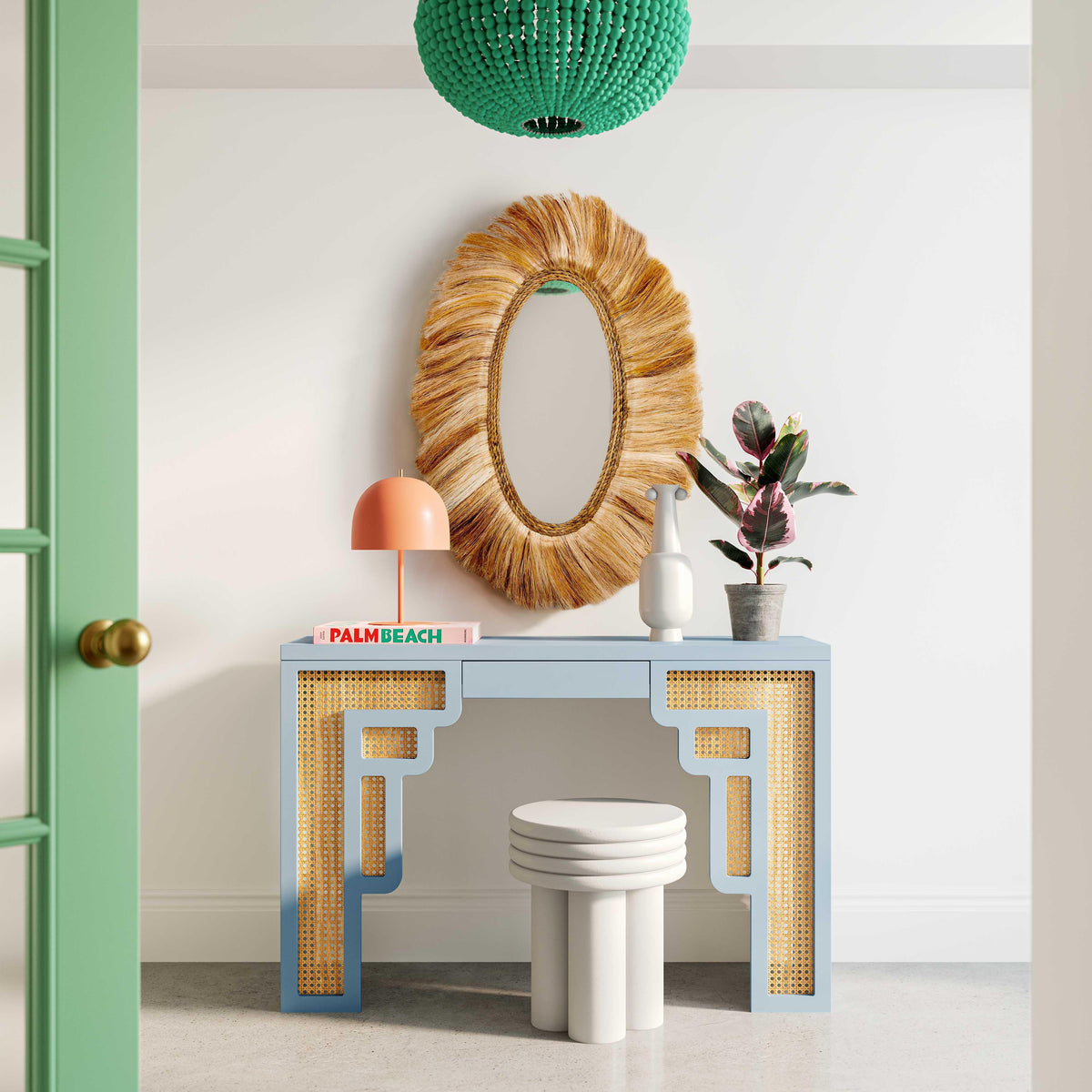 Suzie Pastel Blue & Rattan Console Table - UK