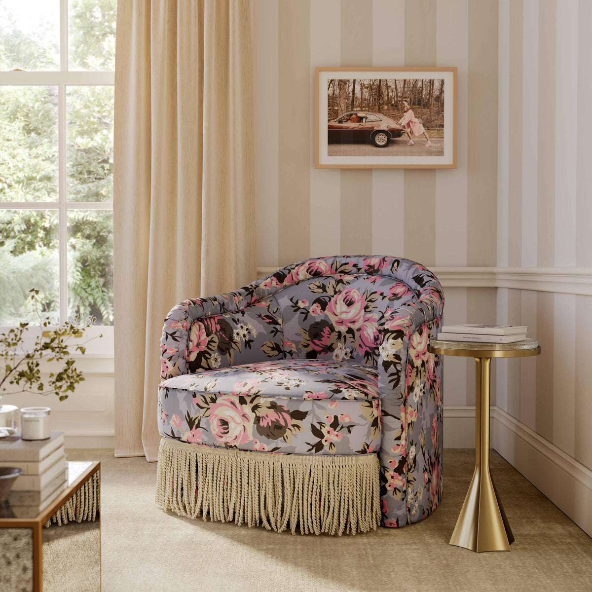 Pamela Spring Floral Print Tasseled Lounge Chair