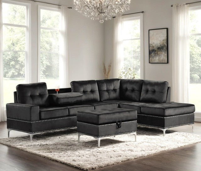 Anserra Black Reversible Sectional with Ottoman Set